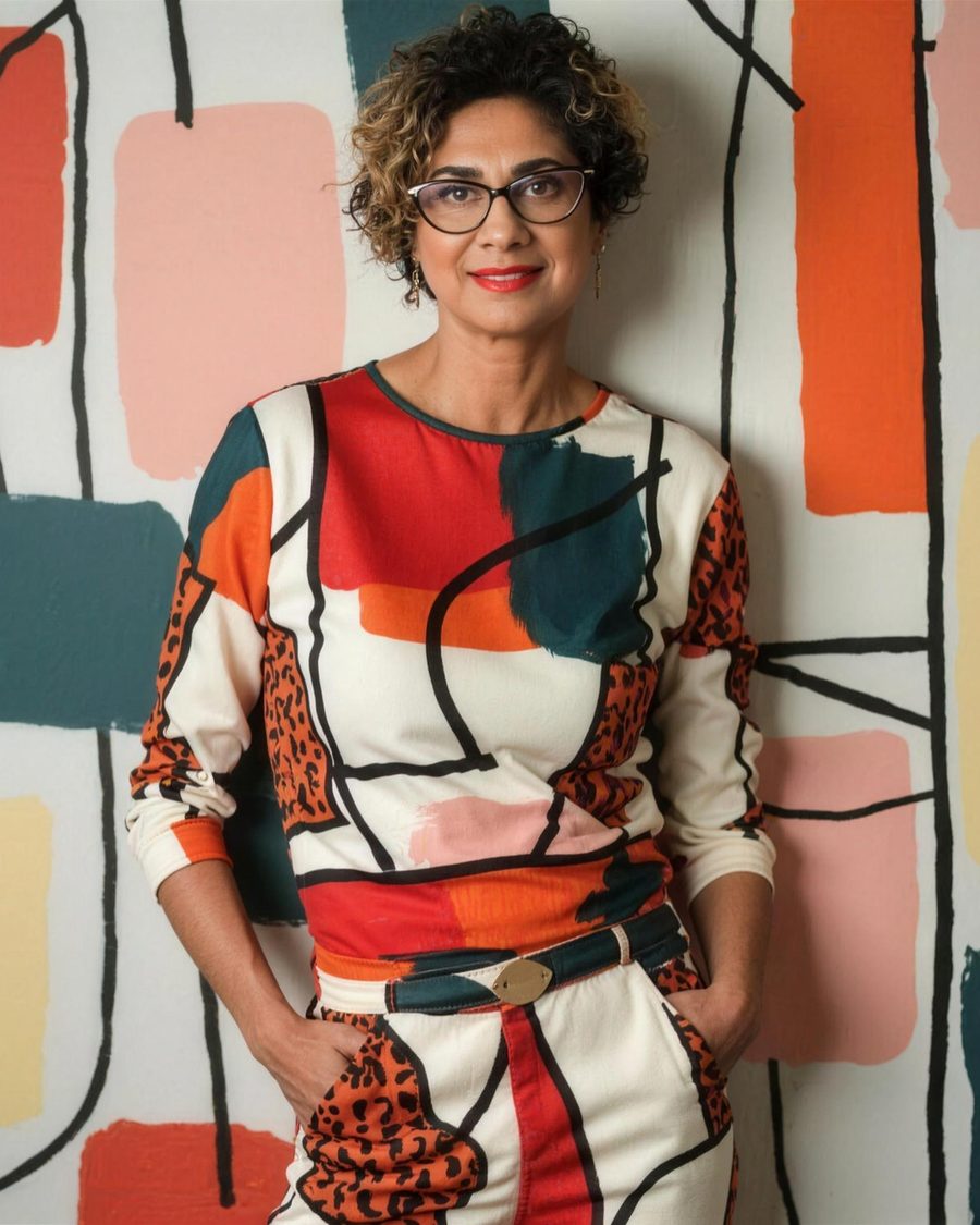 Real portrait of a creator against a painted color wall